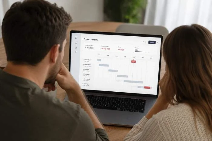 A couple at a laptop looking at a project timeline with a Gantt chart and a deadline already overrun