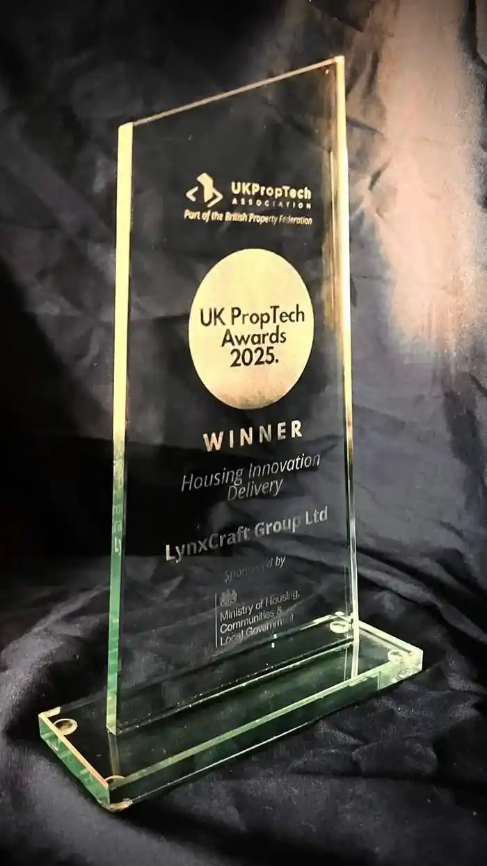 Glass trophy engraved UK PropTech Awards 2025, Winner, Housing Innovation Delivery, LynxCraft Group Ltd