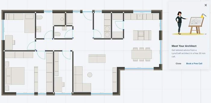 Floor plan in the Lynx platform with a panel offering a free 30 minute call with a LynxCraft architect