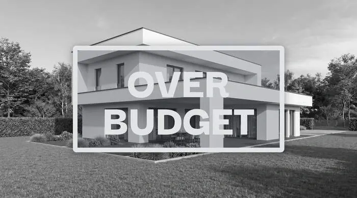 A render of a modern house in black and white, stamped OVER BUDGET
