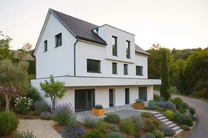 A completed white house with a dark pitched roof and a planted garden on a slope