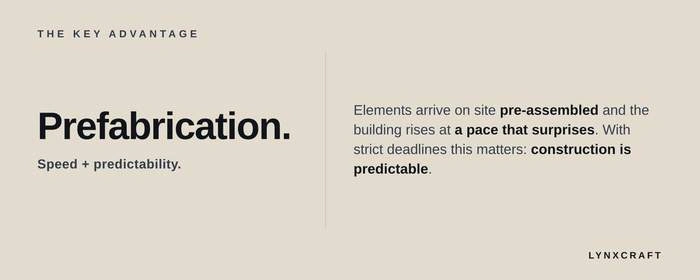 Prefabrication: elements arrive on site pre-assembled, the building rises fast and construction stays predictable