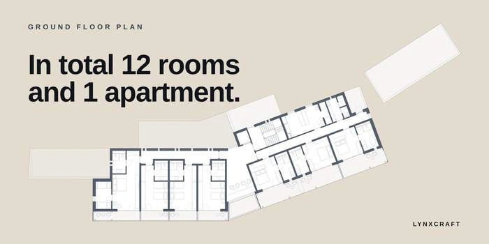 Ground floor plan of the hotel: in total 12 rooms and 1 apartment