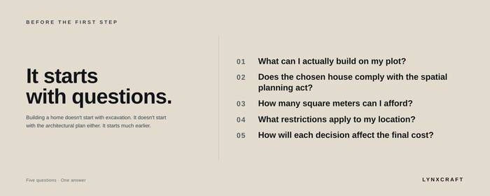 Five questions that come before the first step of building, from what can be built on the plot to how each decision affects the final cost