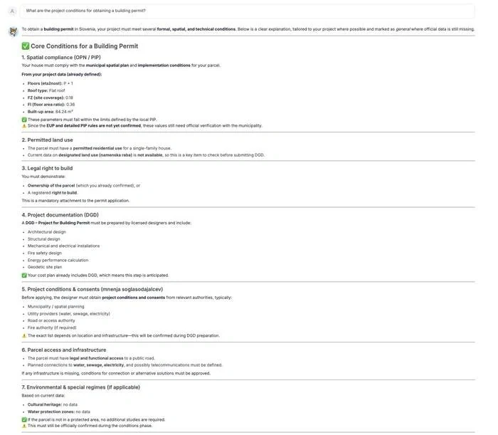 Lynx AI architect listing the core conditions for a building permit in Slovenia, from spatial compliance and permitted land use to project documentation and consents