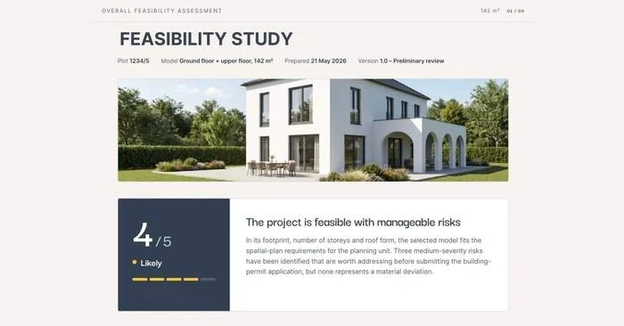 Opening page of a feasibility study: the project is feasible with manageable risks, rated 4 out of 5