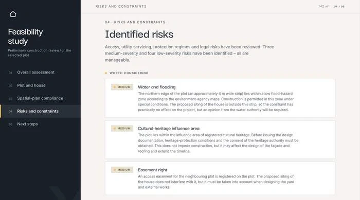 Feasibility study screen listing the identified risks: water and flooding, a cultural heritage influence area, and an easement right, each rated medium severity