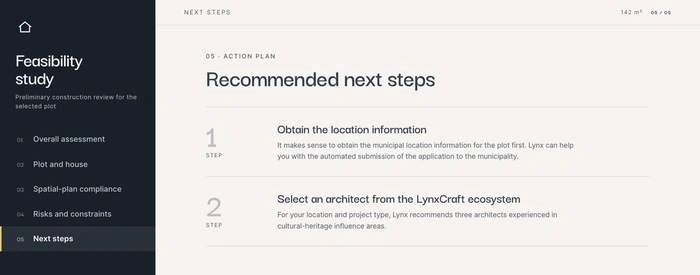 Feasibility study screen listing the recommended next steps: obtain the location information, then select an architect from the LynxCraft ecosystem