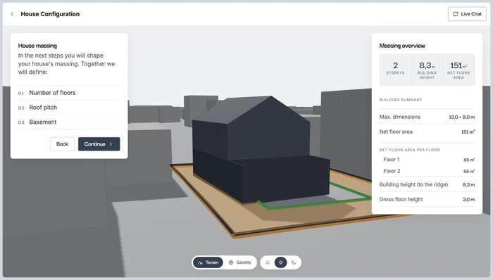 3D volume of a house on the plot among neighbouring buildings in Lynx Copilot