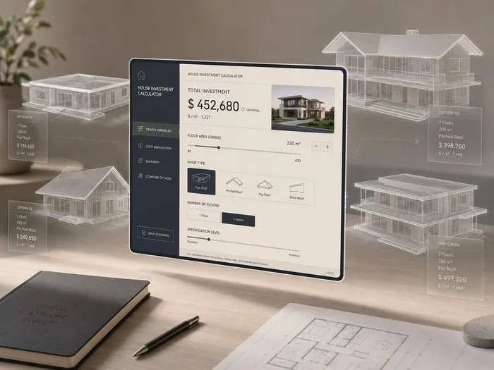 Detailed homebuilding investment estimate calculator: every decision costed in real time
