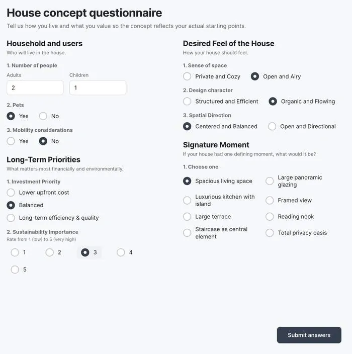 House concept questionnaire asking about the household, long-term priorities, the desired feel of the house and one signature moment