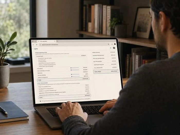 A person at a laptop working through the Lynx calculator's breakdown of construction costs