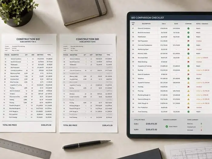 Two printed construction bids beside a tablet showing a bid comparison checklist with matches, variances and omissions