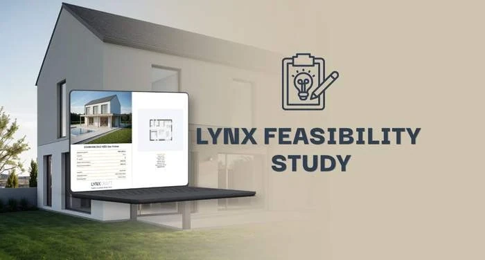 Lynx feasibility study presented on a tablet in front of a house, with a floor plan and a summary sheet