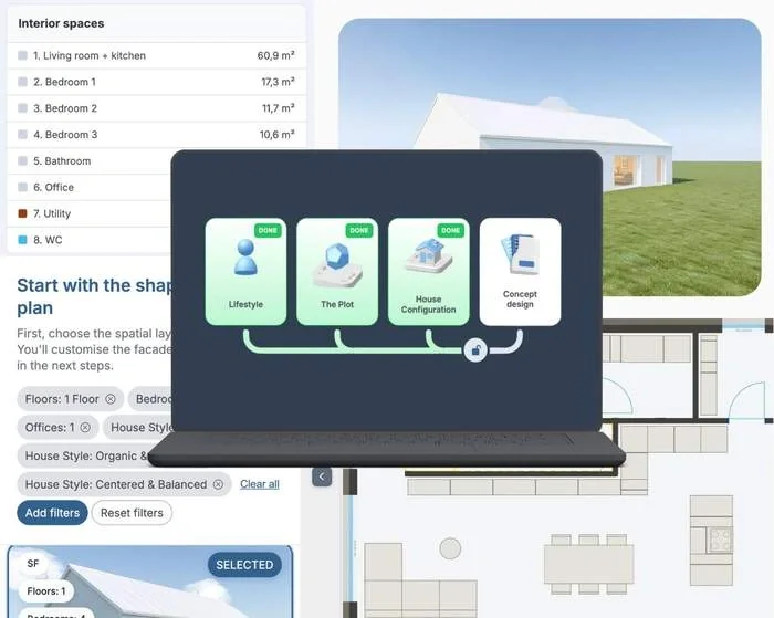 Concept design flow in the Lynx platform: lifestyle, the plot and house configuration completed, with a room-by-room area list and a floor plan behind