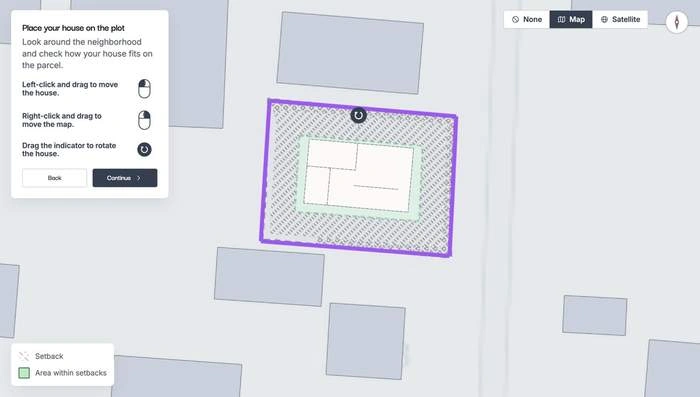 Rotated 3D view of the house on the plot in Lynx Copilot