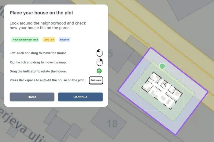 Place your house on the plot screen, with instructions for moving and rotating the house and the permitted placement area shown on the map