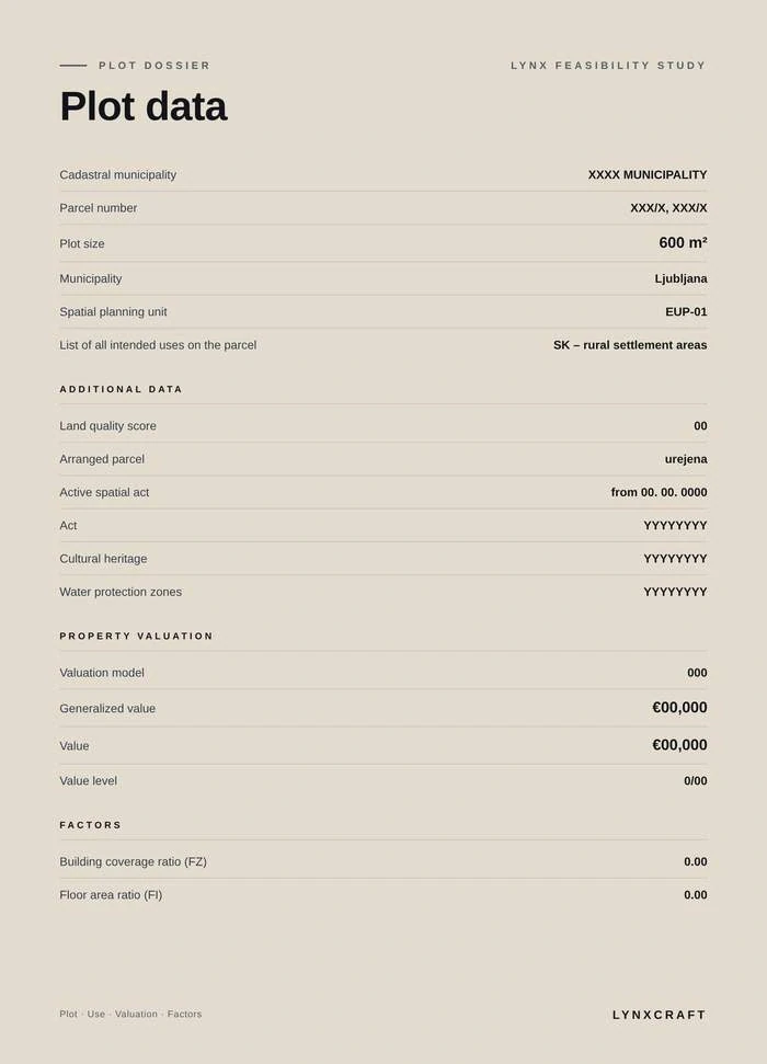 Plot data page of the Lynx feasibility study, listing the cadastral municipality, parcel number, plot size, intended use, valuation and building ratios