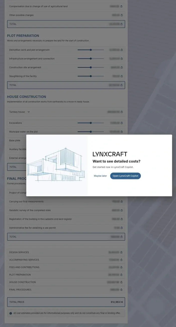 Cost breakdown in the Lynx calculator with the detailed figures hidden behind a prompt to open the LynxCraft Copilot