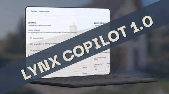 Lynx Copilot 1.0 title card over a laptop showing a detailed cost breakdown and a budget summary