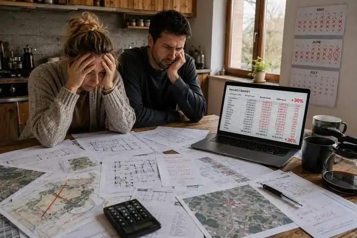 A couple at a kitchen table surrounded by floor plans, with a laptop showing a project budget running 30 per cent over