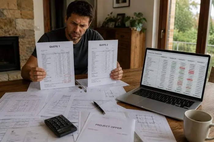 A person comparing two contractor quotes at a table, with a contractor comparison spreadsheet open on a laptop