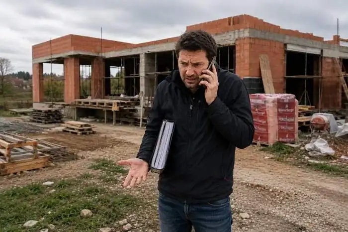 A person on the phone in front of an unfinished brick house, gesturing in frustration