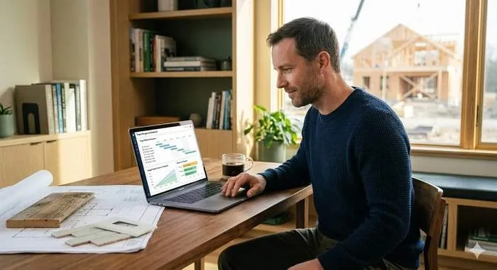 A person at a laptop with a project schedule open, a house under construction visible through the window