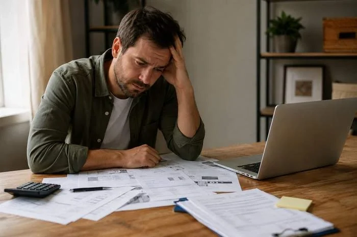 A person sitting head in hand at a desk covered in drawings and paperwork