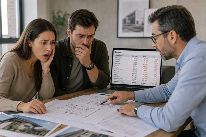 A couple looking alarmed as an adviser points at a budget spreadsheet showing an overrun
