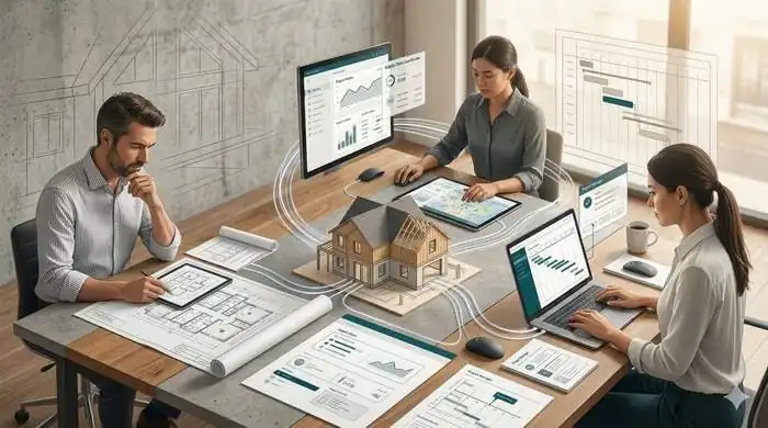 Three people at a table with a model house, tablets and screens showing project dashboards and a Gantt chart