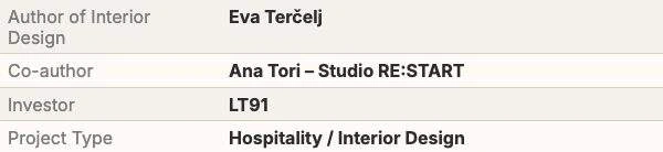 Interior design project data: author Eva Terčelj, co-author Ana Tori of Studio RE:START, investor LT91, project type hospitality and interior design