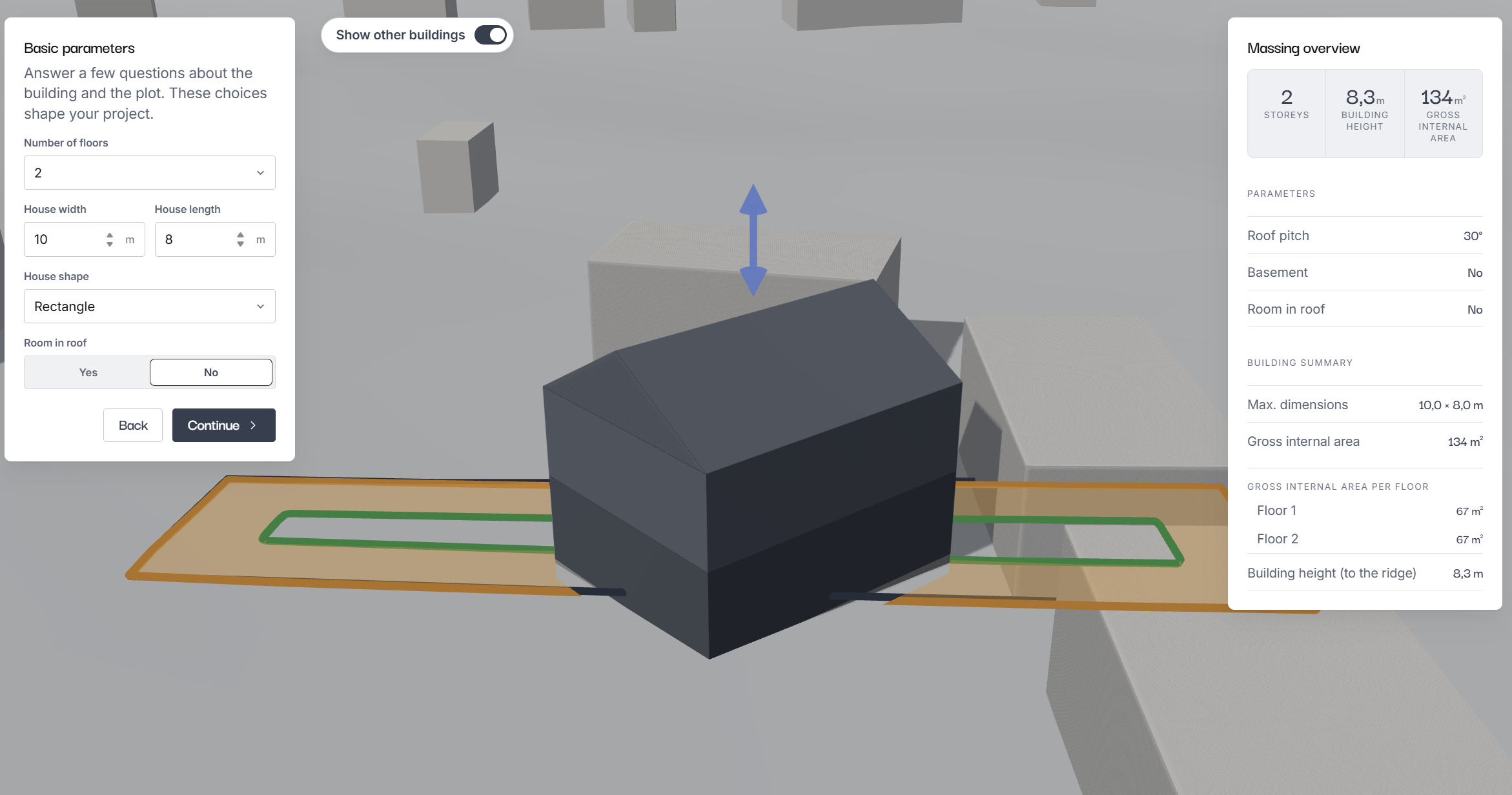 The Lynx app: basic parameters panel on the left, a 3D massing model of a two-storey house sited on its plot, and a massing overview panel on the right showing 2 storeys, 8.3 m height and 134 m² gross internal area.