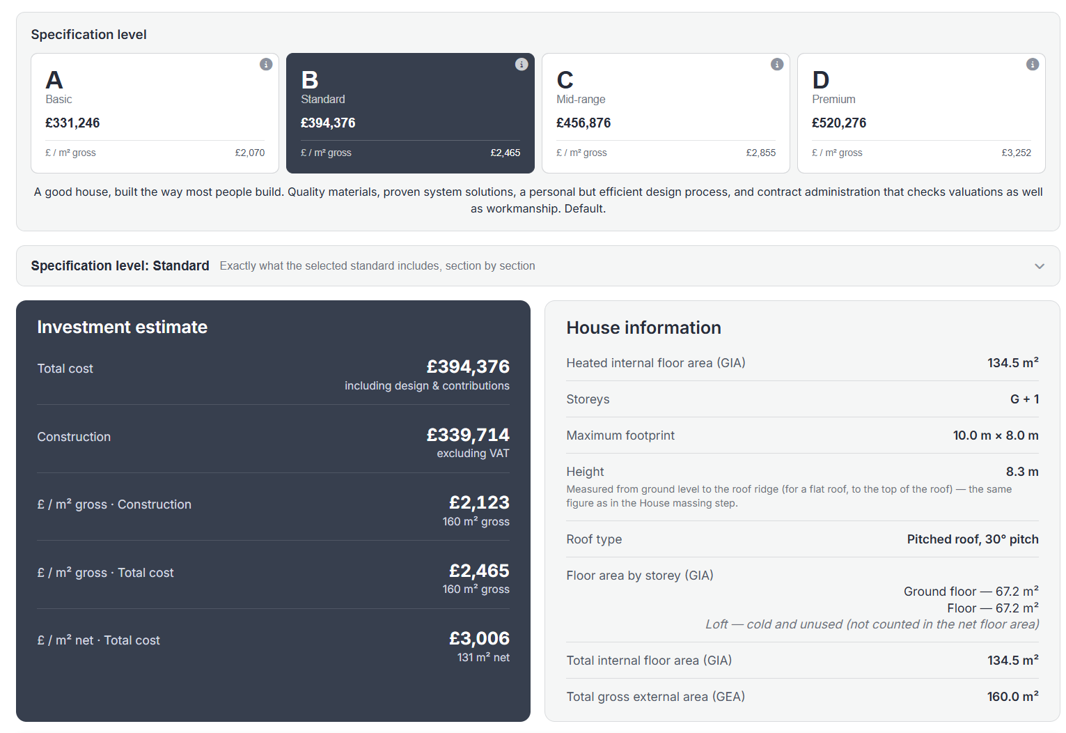 The Lynx app: four specification levels priced from £331,246 Basic to £520,276 Premium, with the Standard investment estimate of £394,376 broken down beside a House information panel.