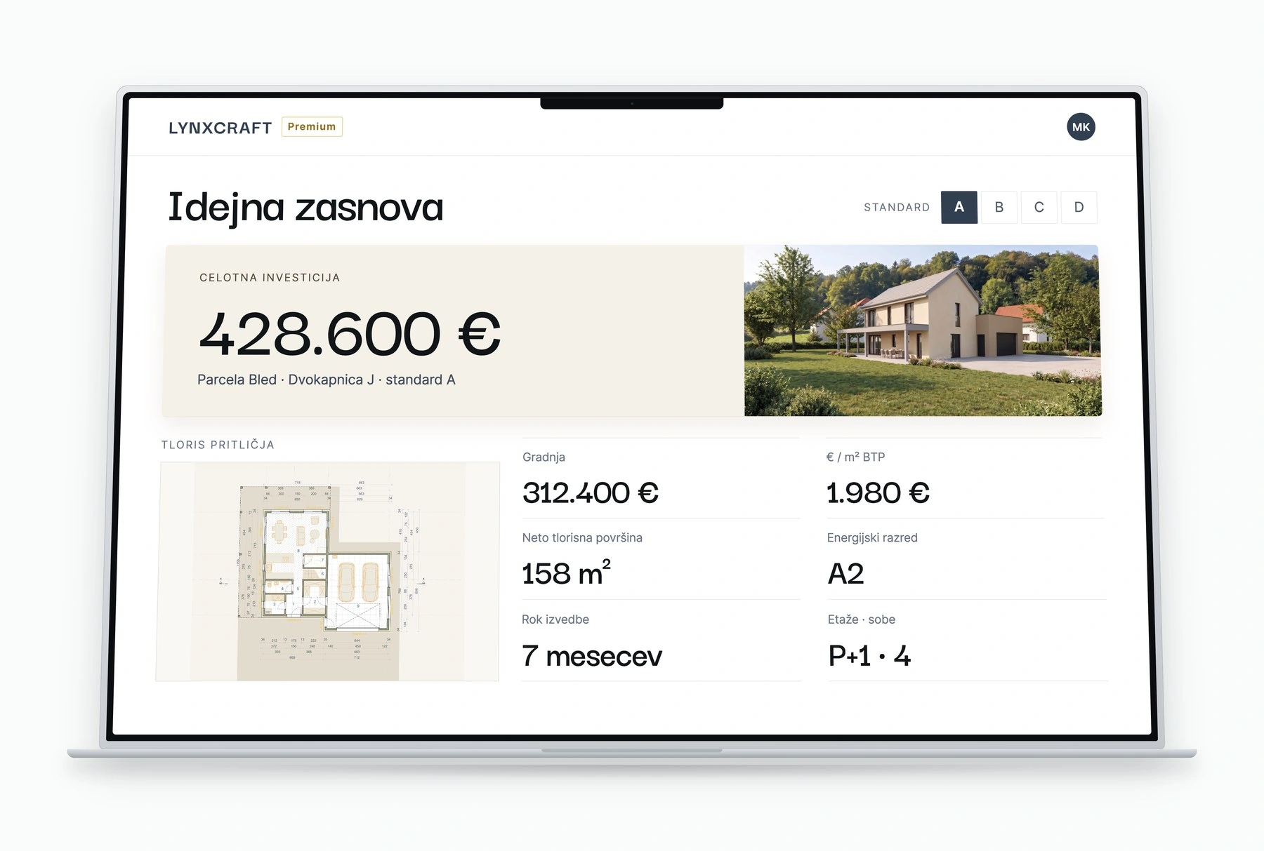 Zaslon Lynx Kopilota z idejno zasnovo: celotna investicija 428.600 EUR za dvokapnico na parceli na Bledu, s tlorisom pritličja in ključnimi podatki o gradnji.