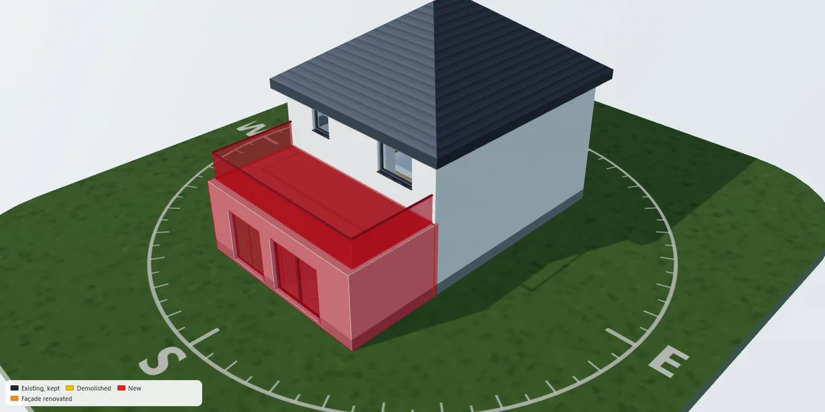 3D prikaz kuće s dogradnjom, označen bojama