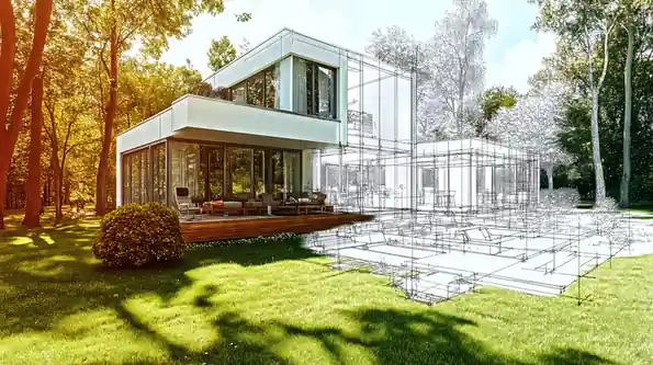 Sodobna hiša, ki na desni polovici prehaja v žični model, kar ponazarja pot od načrta do izvedbe