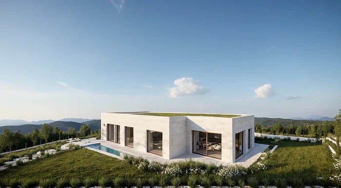Render pritlične hiše z zeleno streho in bazenom na travniku, v ozadju gore