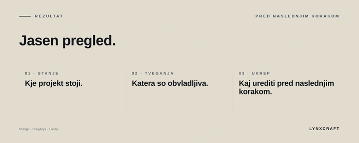 Jasen pregled: kje projekt stoji, katera tveganja so obvladljiva in kaj urediti pred naslednjim korakom