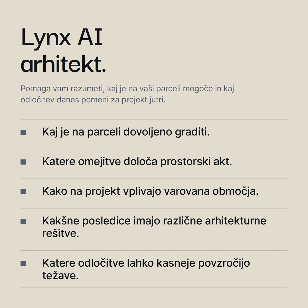 Lynx AI arhitekt pomaga razumeti, kaj je na parceli dovoljeno graditi, katere omejitve določa prostorski akt, kako vplivajo varovana območja in katere odločitve lahko pozneje povzročijo težave
