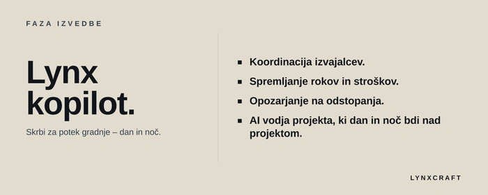 Lynx kopilot v fazi izvedbe: koordinacija izvajalcev, spremljanje rokov in stroškov ter opozarjanje na odstopanja