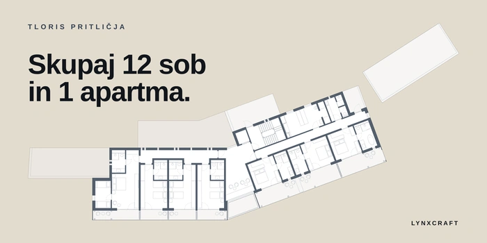 Tloris pritličja hotela: skupaj 12 sob in 1 apartma