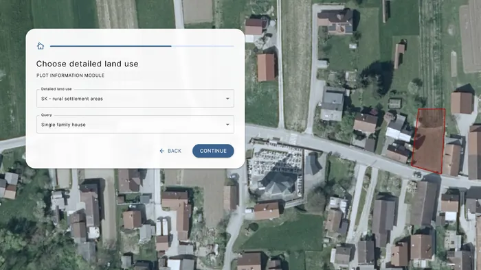 Modul parcelne informacije z izbiro podrobne namenske rabe, nad zračnim posnetkom parcele, označene z rdečo