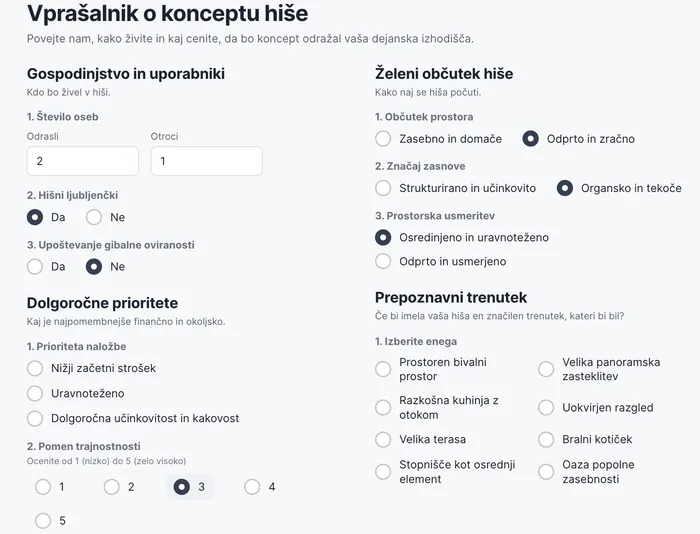 Vprašalnik o konceptu hiše z vprašanji o gospodinjstvu, dolgoročnih prioritetah, želenem občutku hiše in enem prepoznavnem trenutku
