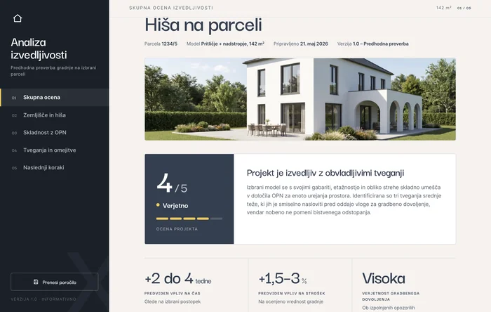 Skupna ocena izvedljivosti za hišo na parceli: ocena 4 od 5, projekt je izvedljiv z obvladljivimi tveganji, z vplivom na čas 2 do 4 tedne in na strošek 1,5 do 3 odstotke