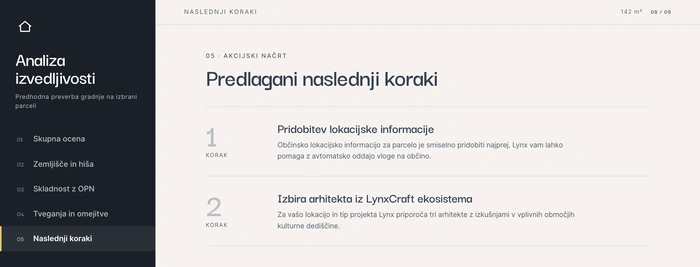 Zaslon analize izvedljivosti s predlaganimi naslednjimi koraki: pridobitev lokacijske informacije in izbira arhitekta iz ekosistema LynxCraft