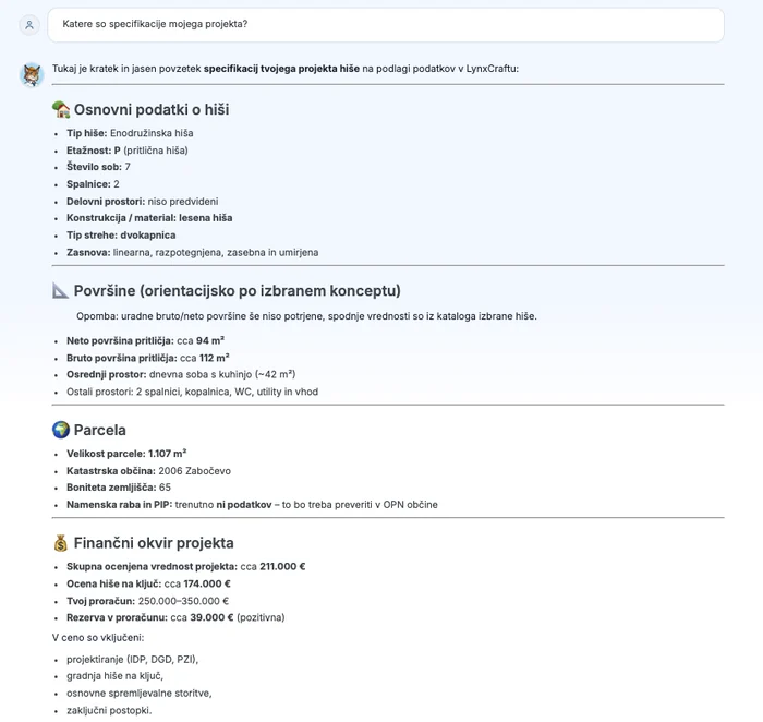Lynx AI arhitekt odgovarja na vprašanje o specifikacijah projekta z osnovnimi podatki o hiši, površinami, podatki o parceli in finančnim okvirom