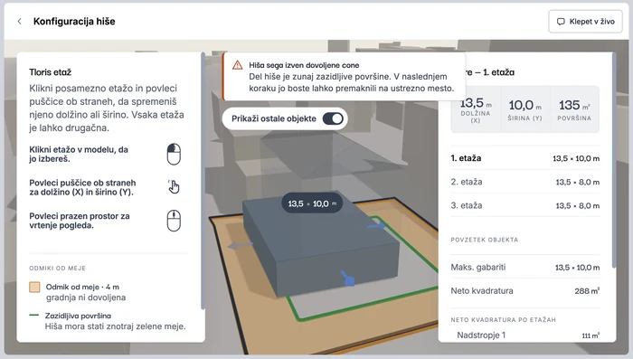 3D pogled na hišo na parceli med sosednjimi objekti in terenom v Lynx kopilotu