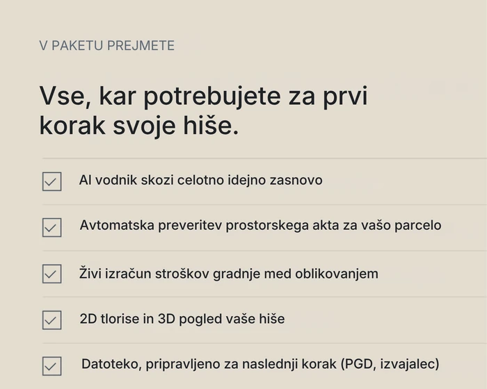 V paketu prejmete AI vodnika skozi idejno zasnovo, samodejno preverbo prostorskega akta, živi izračun stroškov, 2D tlorise in 3D pogled ter datoteko za naslednji korak