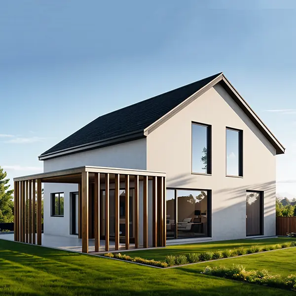 Render hiše z dvokapno temno streho, belo fasado in leseno pergolo nad teraso